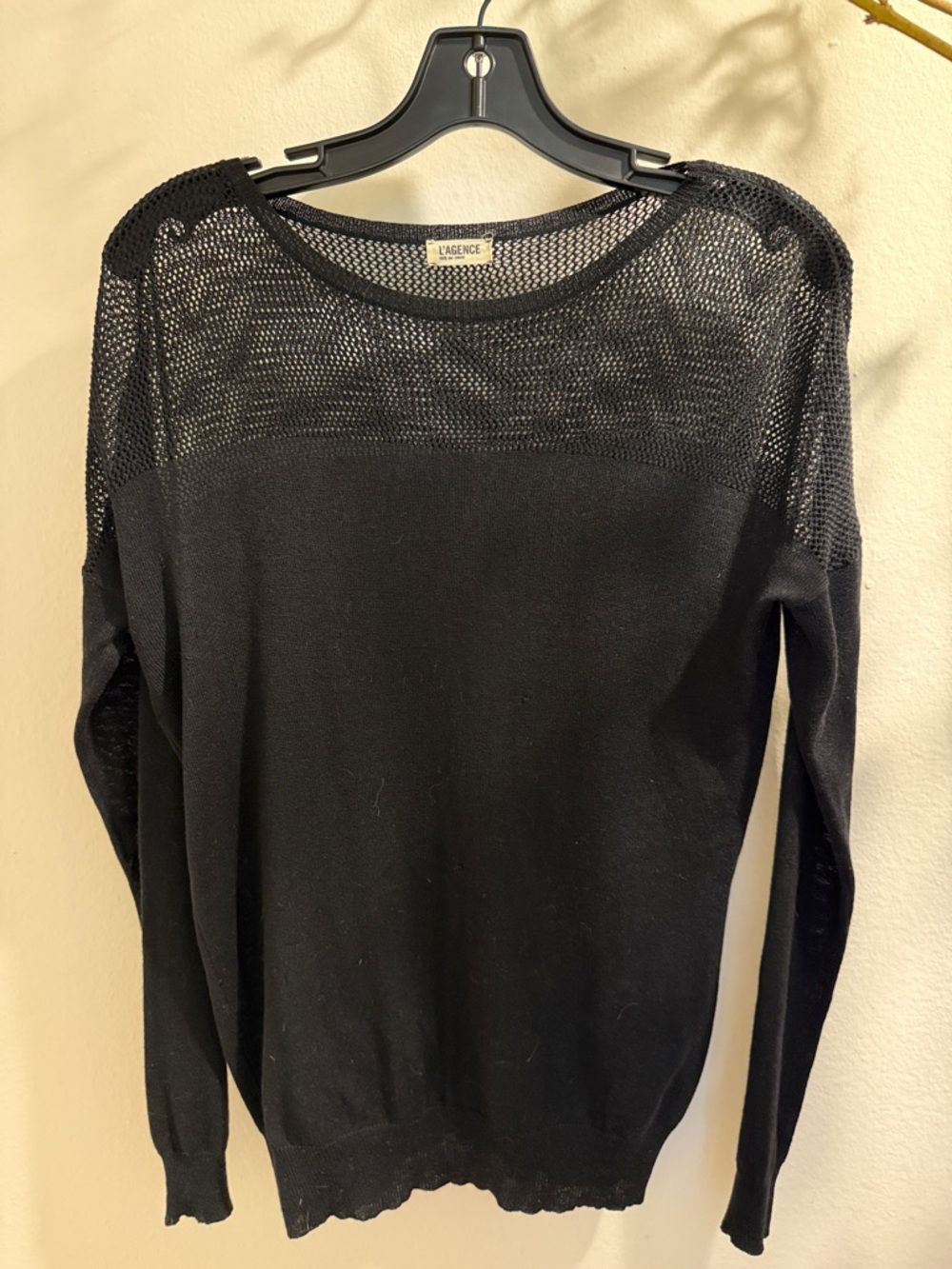 L'AGENCE Black Mesh-Yoke Knit Sweater